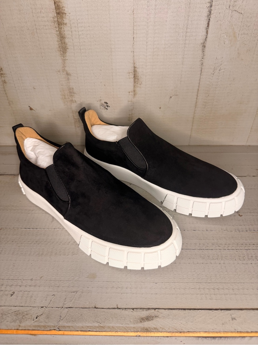 Women’s Black Slip-On Suede Sneakers with White Sole- 8.5